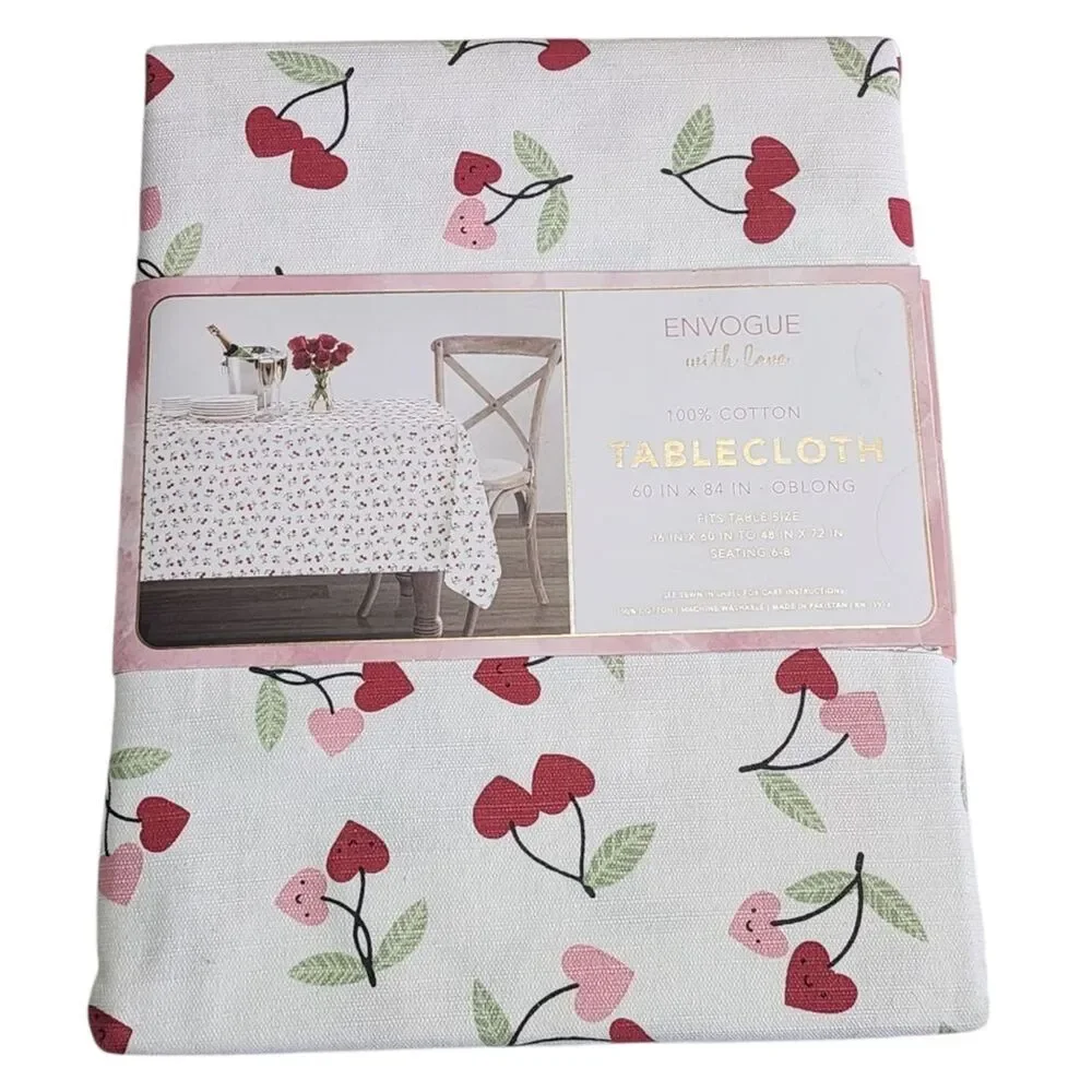 Envogue Shabby Chic Hearts‎ And Cherries Design Cotton Tablecloth 60x84in Oblong